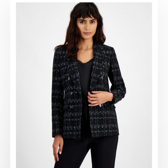 Bar IlI Women's Metallic Plaid black One-Button Blazer/size L - Picture 1 of 15